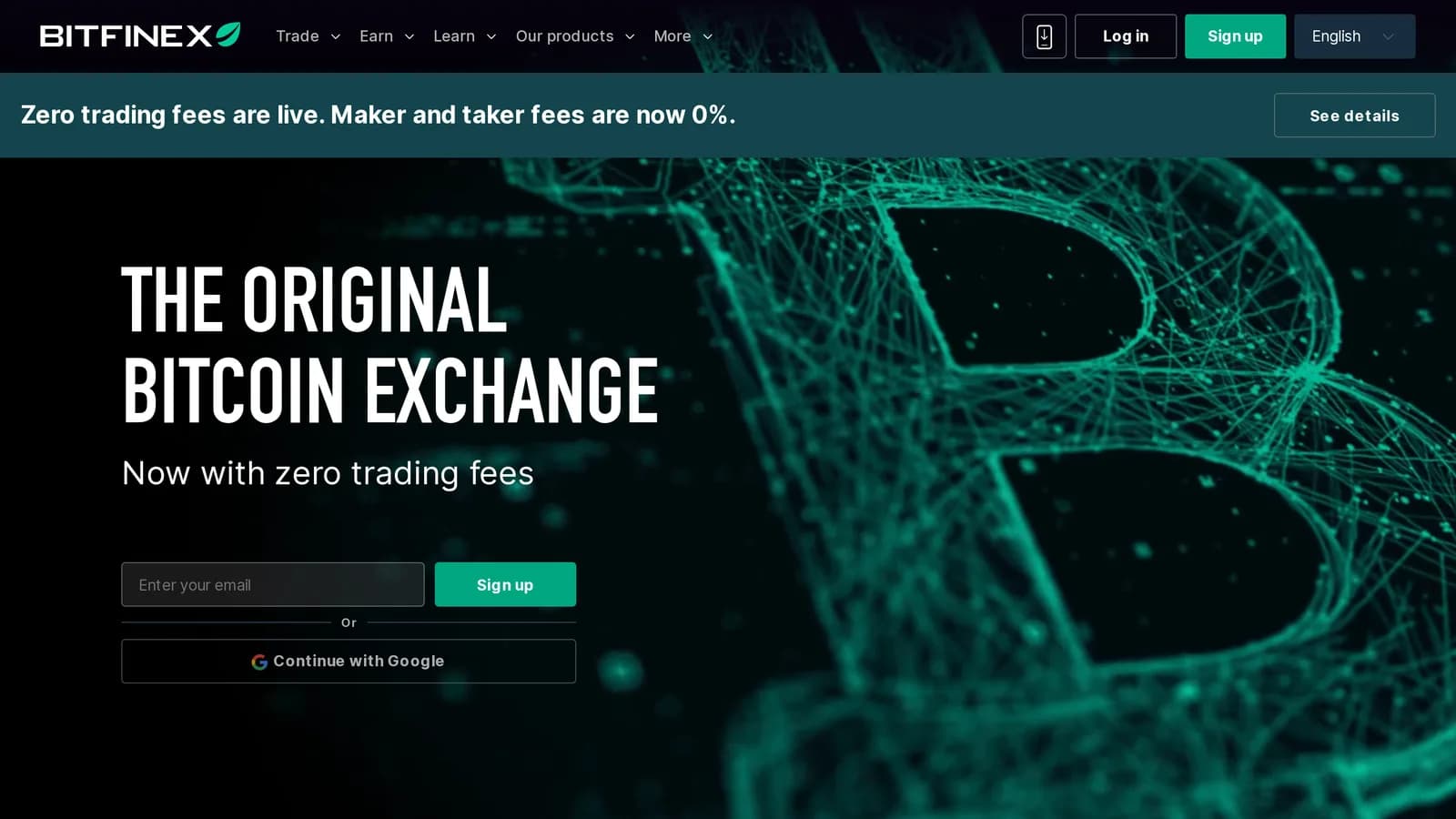 Bitfinex homepage, captured for this review