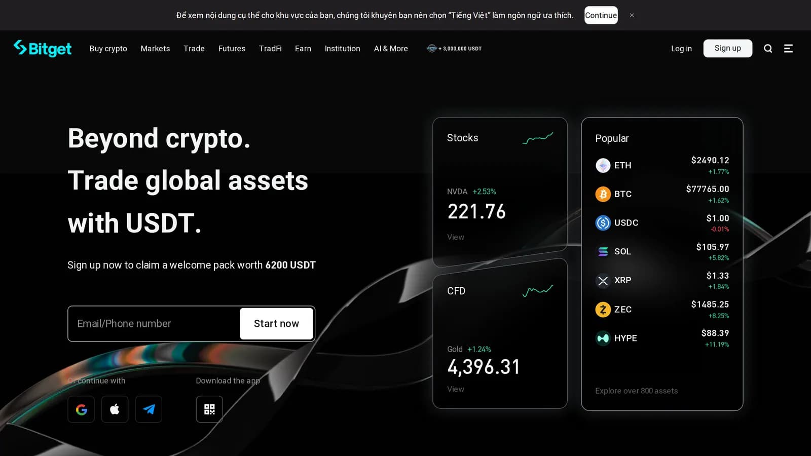 Bitget homepage, captured for this review