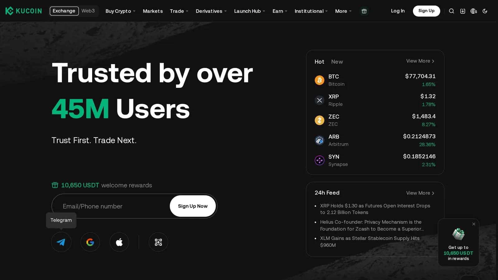 KuCoin homepage, captured for this review