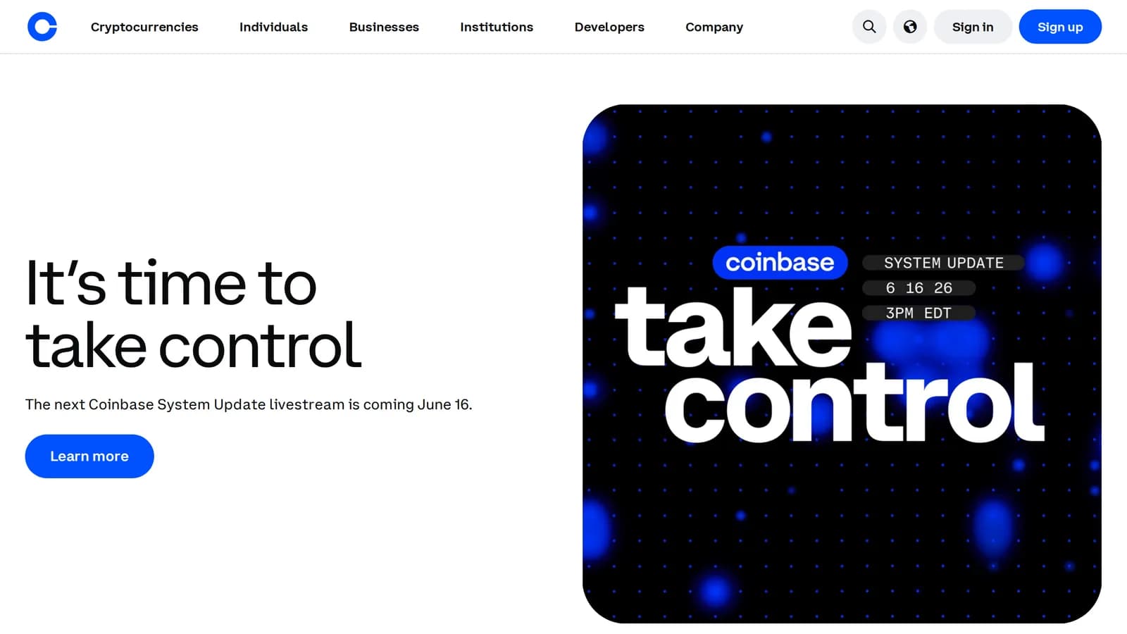 Coinbase homepage, captured for this review