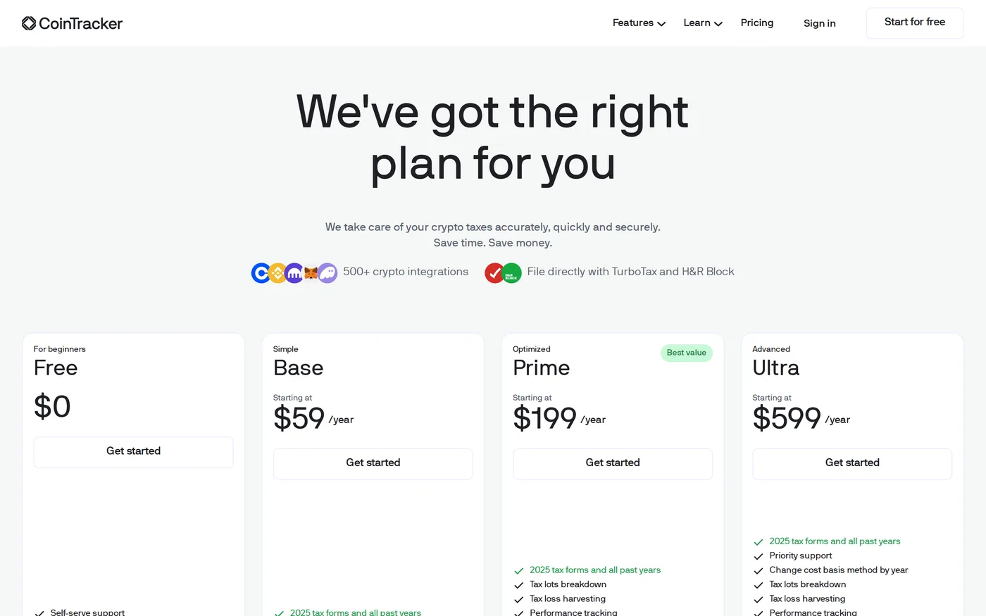 CoinTracker's tax plans and pricing page