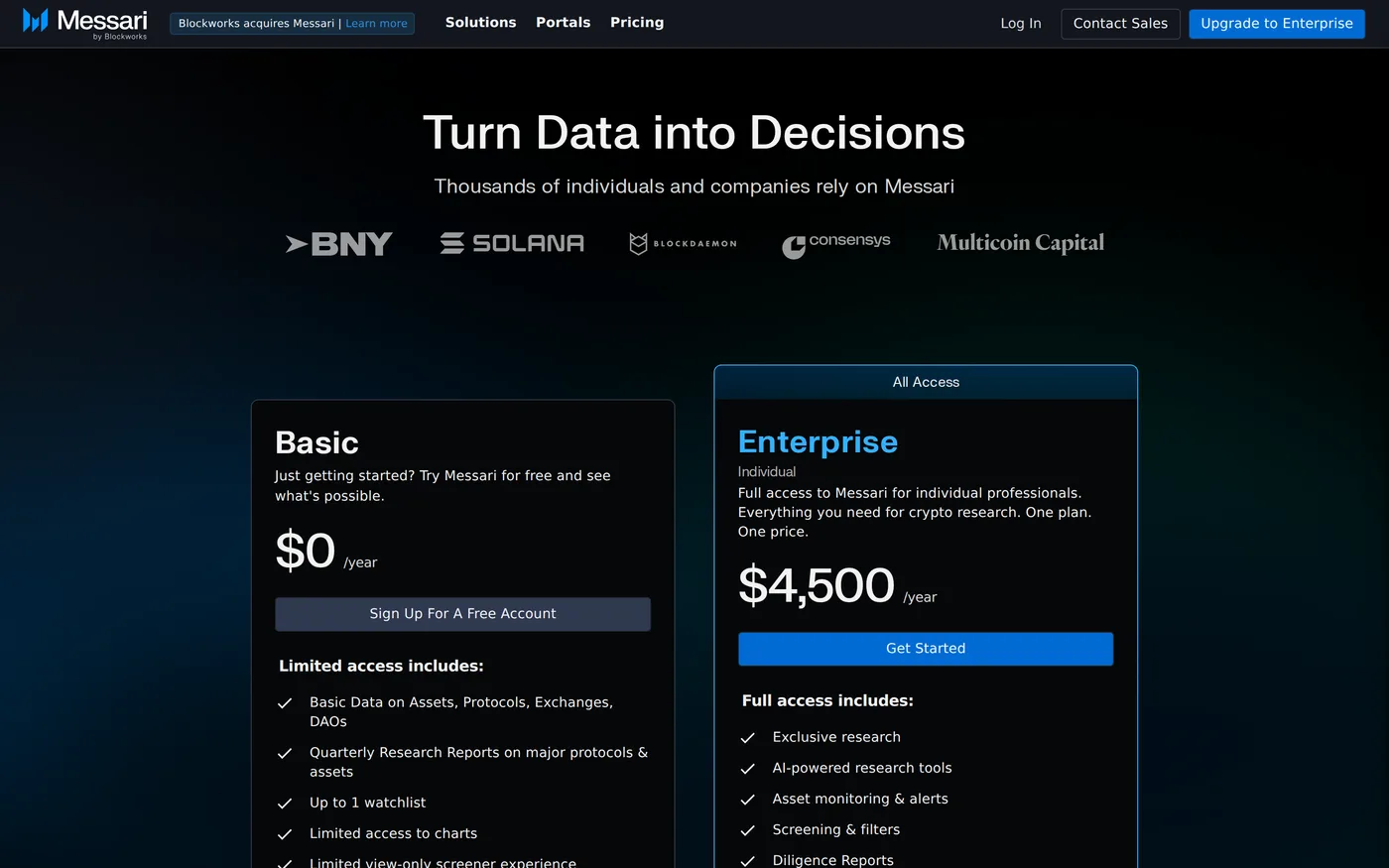 Messari's pricing page showing plan tiers