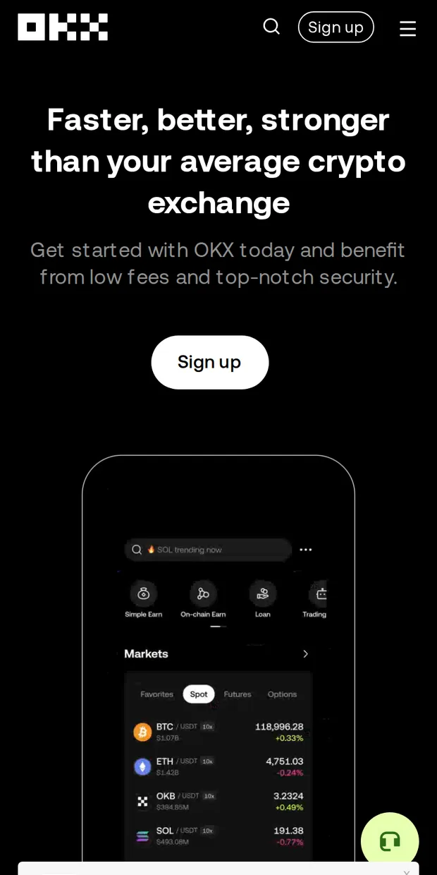 The OKX site at phone width