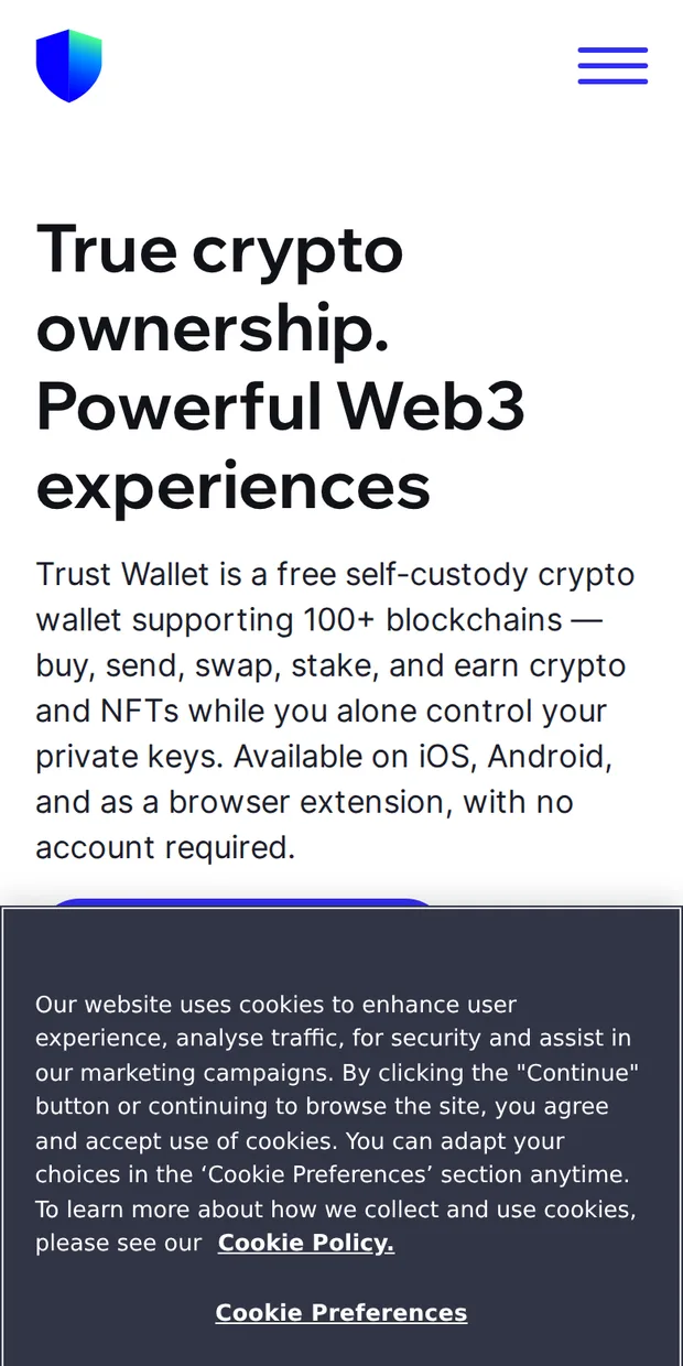 Trust Wallet's site at phone width